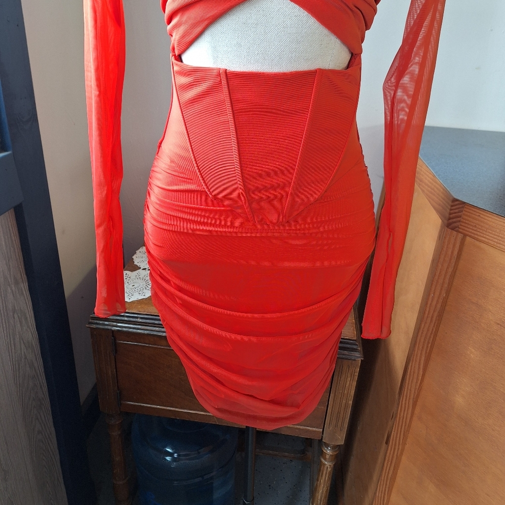 Oh Polly Nirvana  Red Cut-Out Ruched Corset Mini Dress, Size 4 - Picture 6 of 16